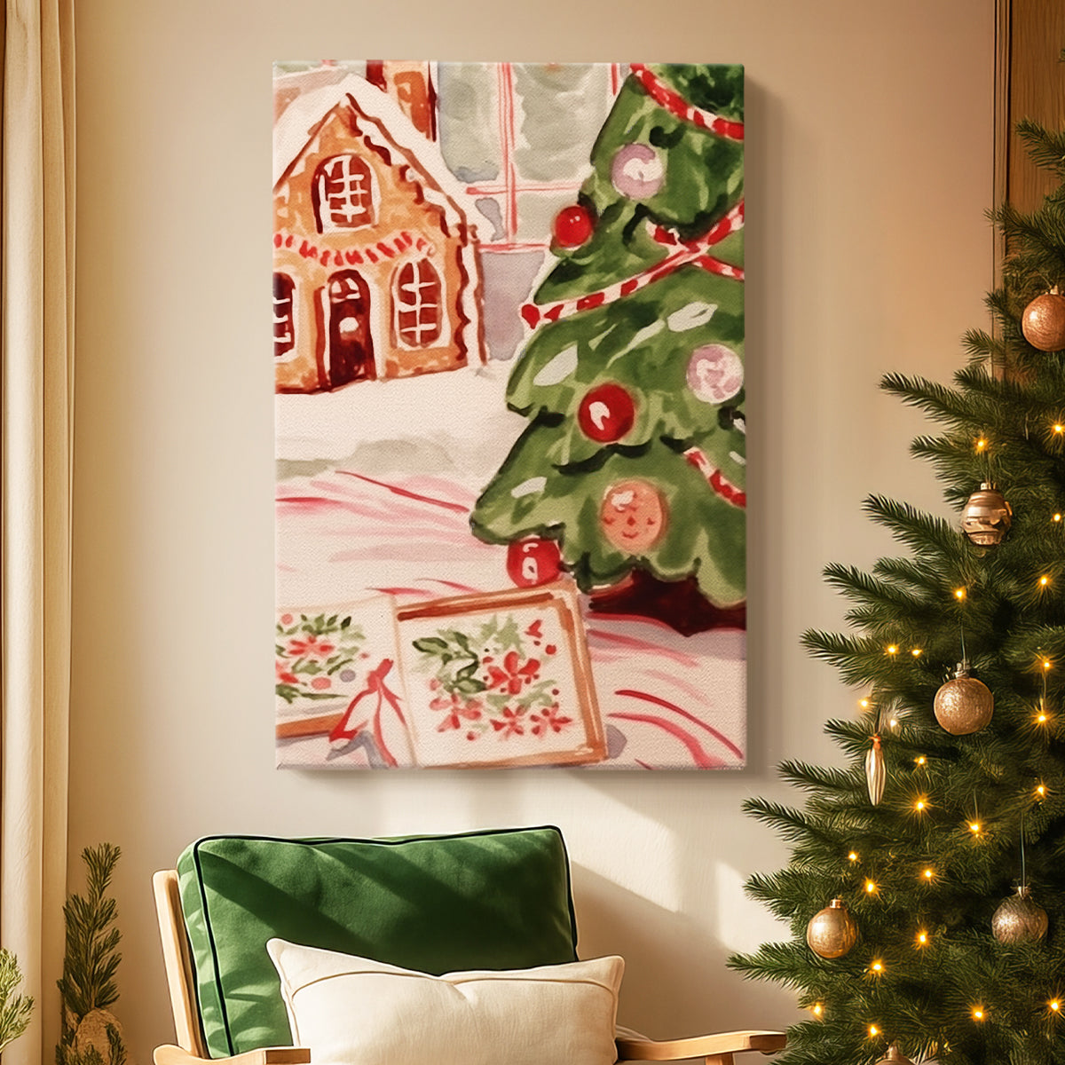Manger of Tinsel-Gold Wreath - Canvas Art Print