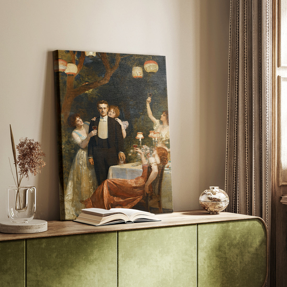 Canvas art print of a Romantic composition with figure and ornate surroundings styled in a home decor setting.