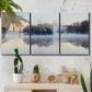 Three-panel canvas wall art featuring misty water landscape photograph, displayed in a boho-chic entryway above a console table.