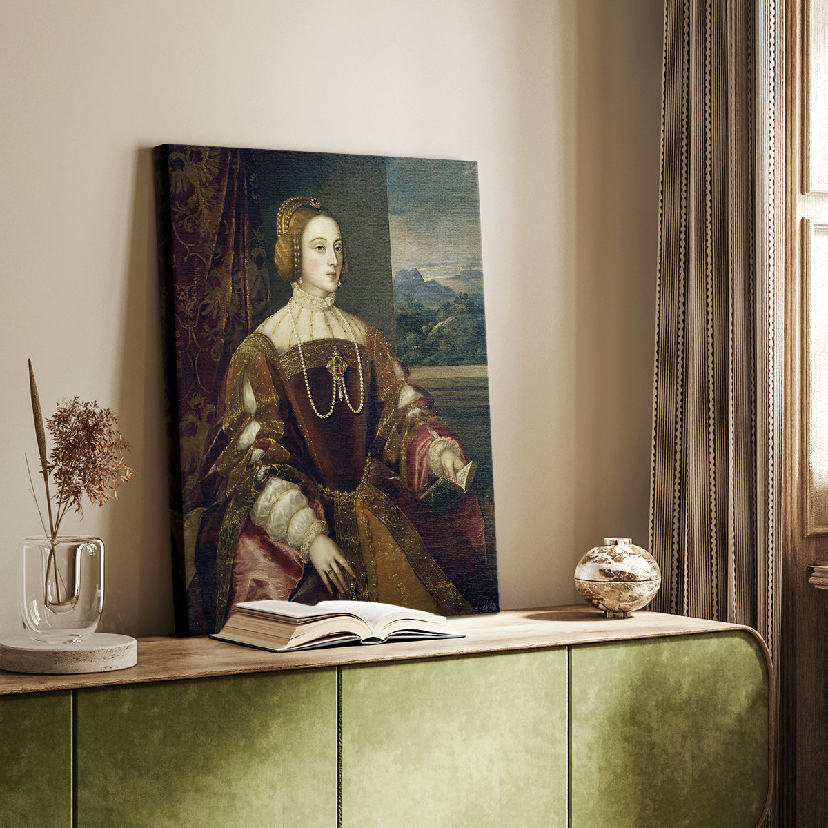 Canvas art print of a refined figure with detailed fabric and calm expression styled in a home decor setting.