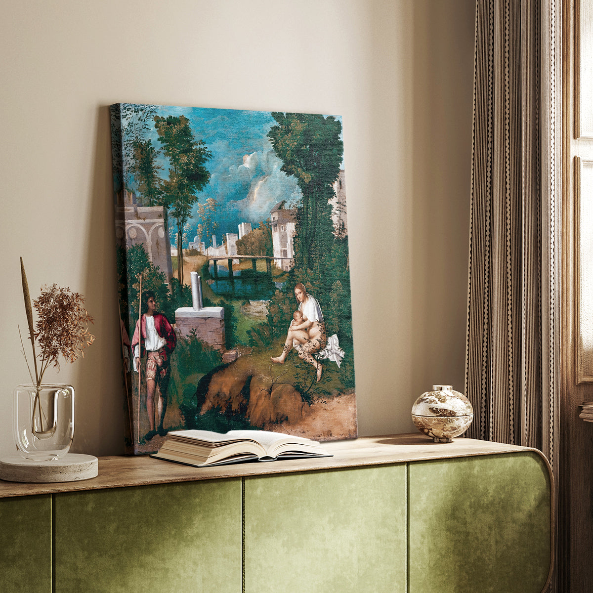 Canvas art print of a mysterious outdoor scene with lightning and calm figures styled in a home decor setting.