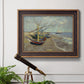 Impressionist coastal fishing boats scene by Vincent van Gogh in an ornate bronzed mahogany wood frame displayed in a light-toned interior setting.