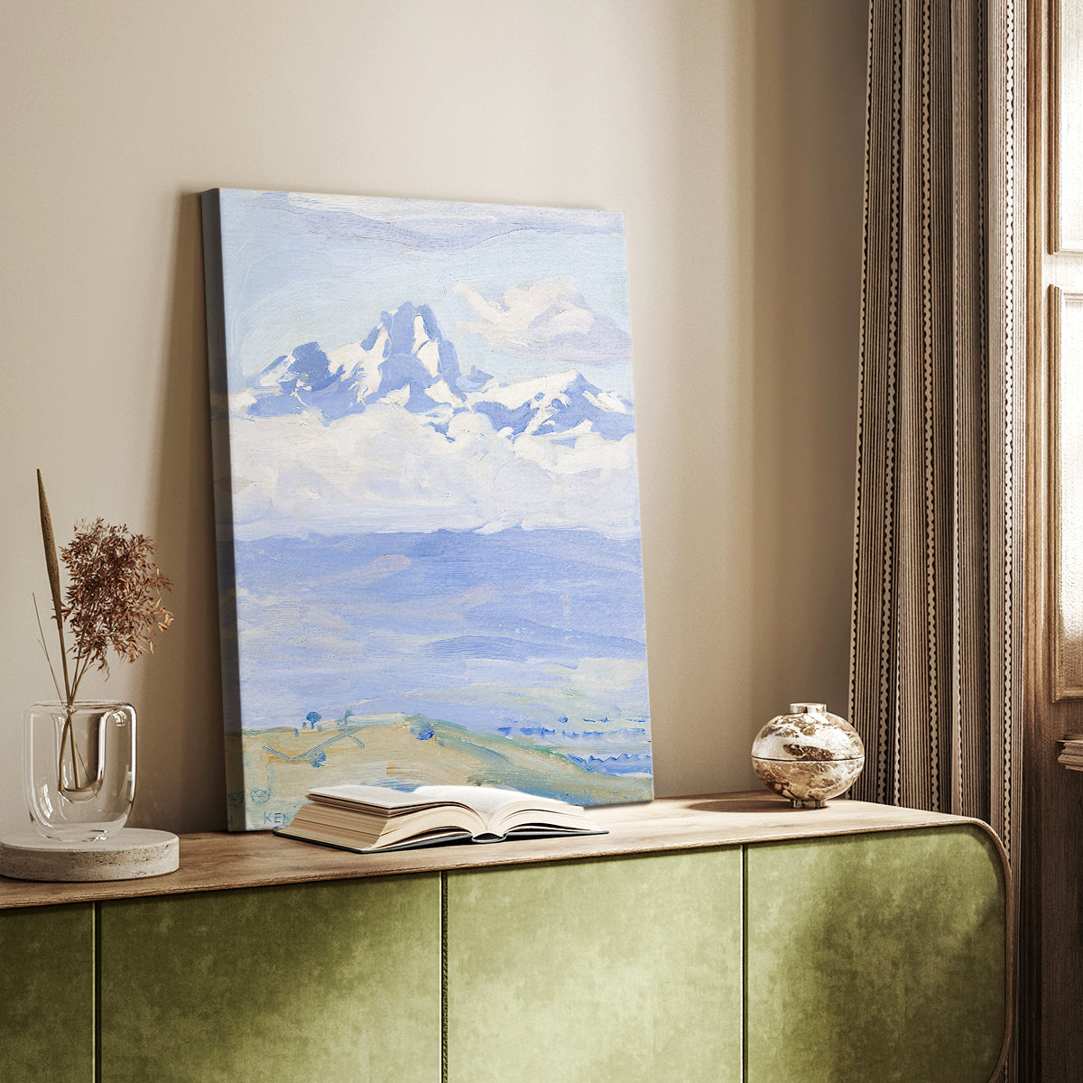 Canvas art print of a serene view of Mount Kenya with gentle hills and light atmosphere styled in a home decor setting.