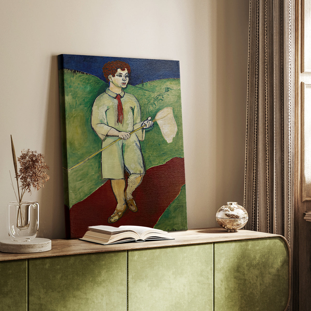 Canvas art print of a playful composition with a child and bold color tones styled in a home decor setting.