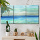 Three-panel canvas wall art featuring vast open blue ocean horizon, displayed in a boho-chic entryway above a console table.