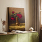 Canvas art print of a rich composition with flowers and textured fabric styled in a home decor setting.