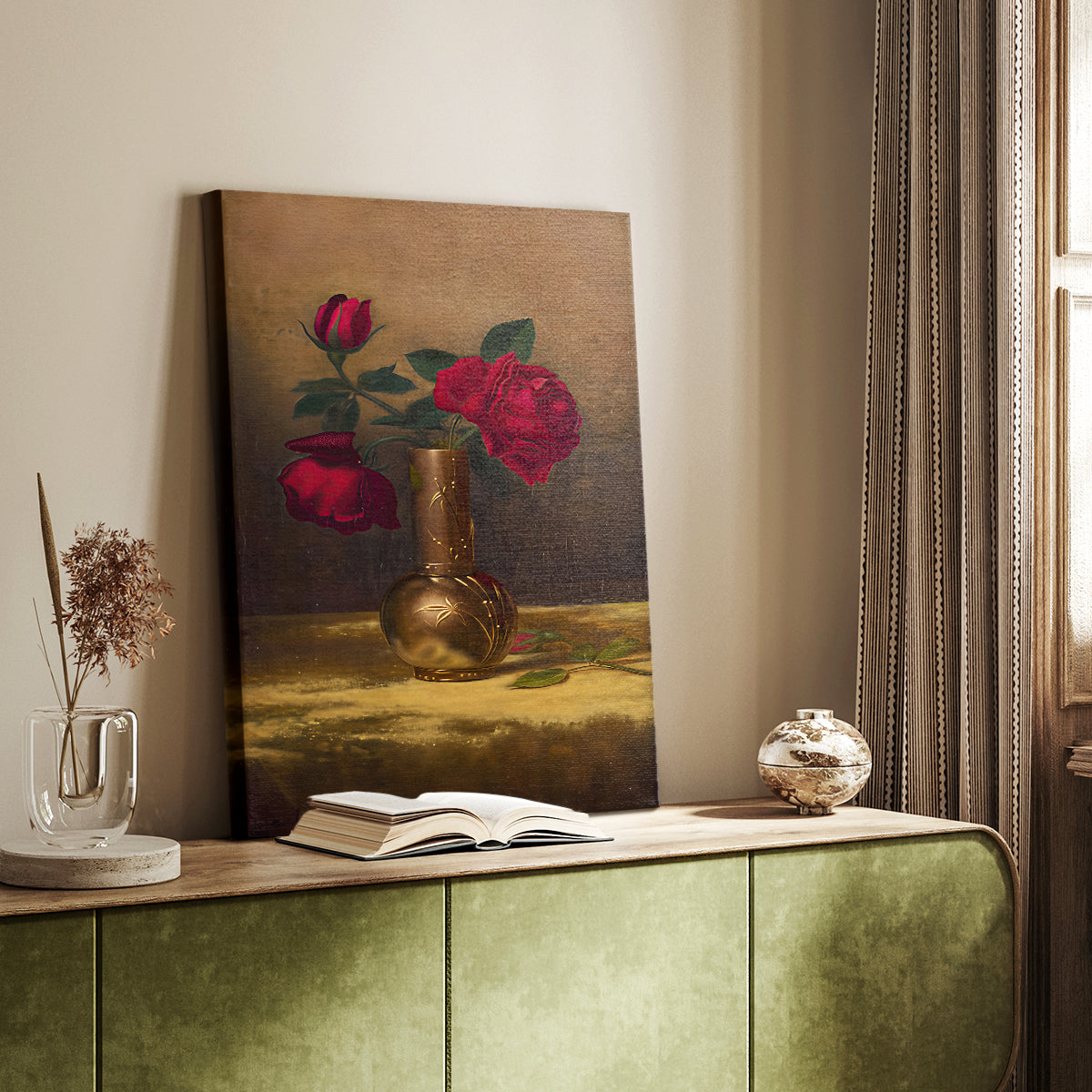 Canvas art print of a rich composition with flowers and textured fabric styled in a home decor setting.