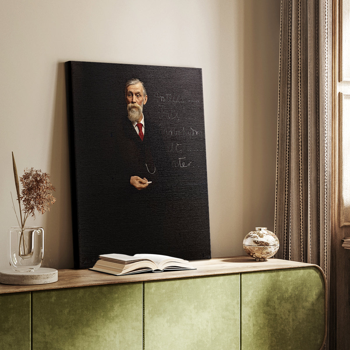 Canvas art print of a dignified figure with soft light and minimal background styled in a home decor setting.