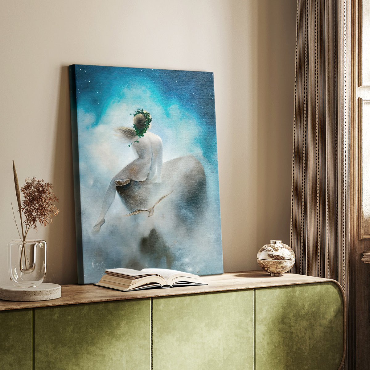 Canvas art print of a spiritual composition with soft light and flowing forms styled in a home decor setting.