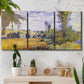 Three-panel canvas wall art featuring river village landscape with hills, displayed in a boho-chic entryway above a console table.