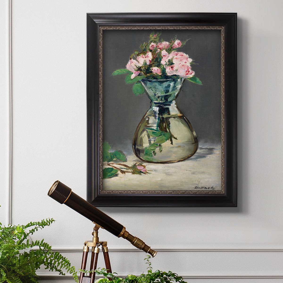 Moss Roses in a Vase - Ornate Framed Canvas Print