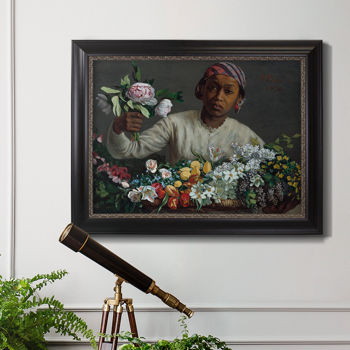 Traditional portrait of a woman holding peonies by Frédéric Bazille in an ornate black frame with gilded inner detail displayed in a light-toned interior setting.