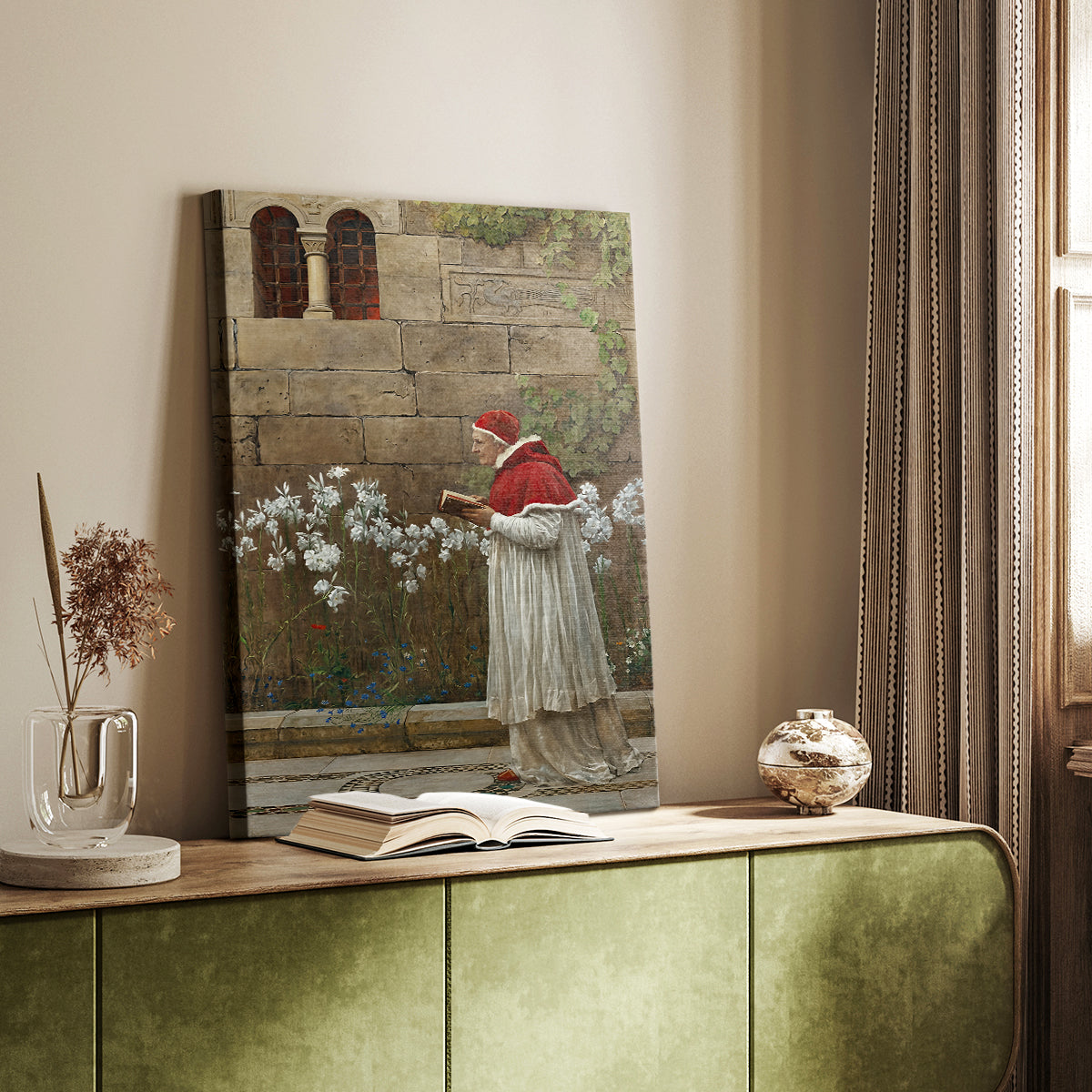 Canvas art print of a dignified figure in ceremonial attire with rich color styled in a home decor setting.
