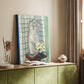 Canvas art print of a layered composition with sculpture and floral elements styled in a home decor setting.