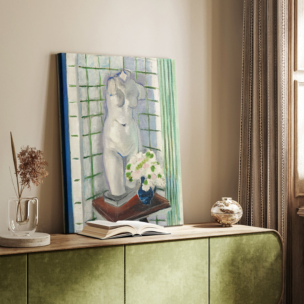Canvas art print of a layered composition with sculpture and floral elements styled in a home decor setting.