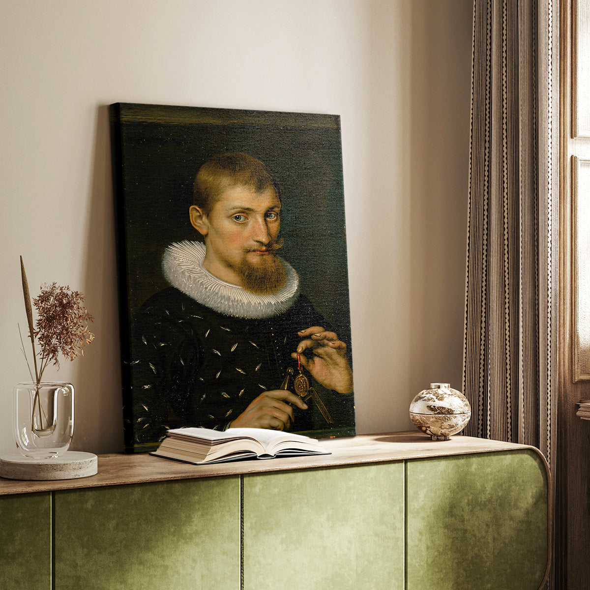 Canvas art print of a refined figure with subtle shading and calm expression styled in a home decor setting.