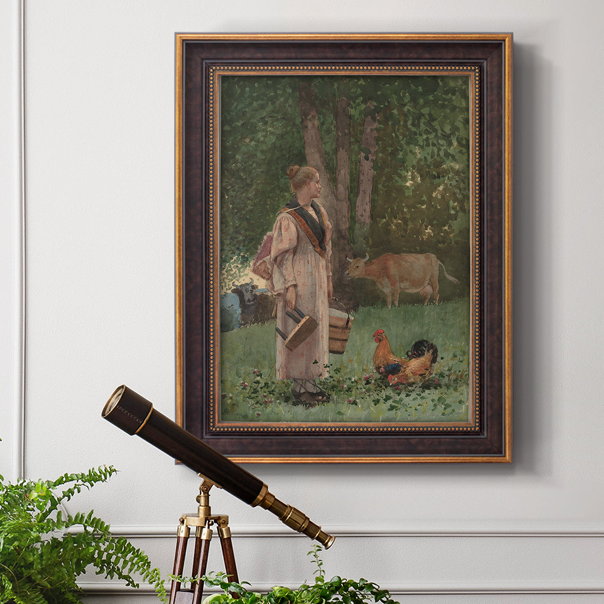 Realist genre scene of a milkmaid by Winslow Homer in an ornate bronzed mahogany wood frame displayed in a light-toned interior setting.