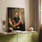 Canvas art print of a refined figure with artifacts and warm tones styled in a home decor setting.