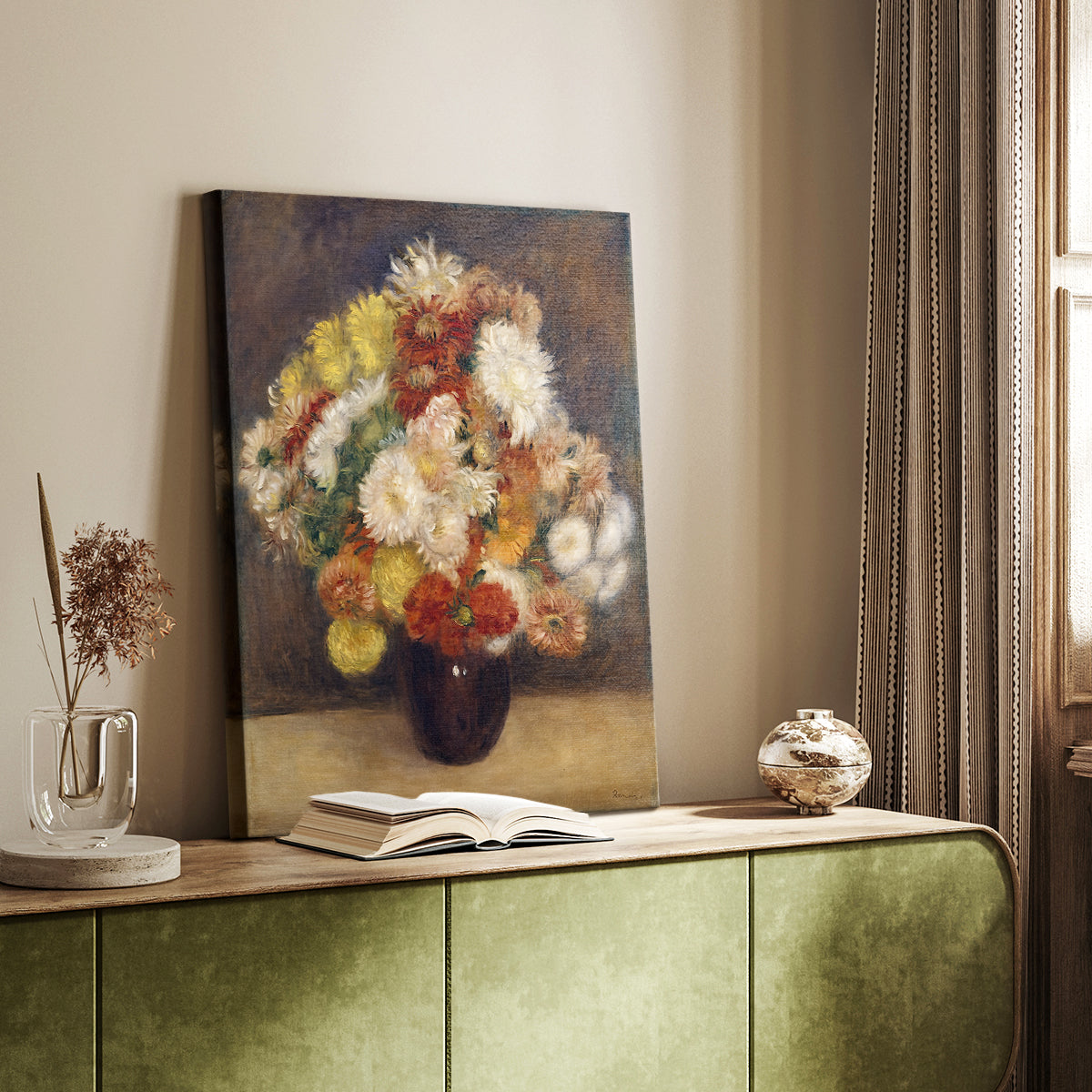 Canvas art print of a floral arrangement with textured petals and soft brushwork styled in a home decor setting.