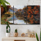 Three-panel canvas wall art featuring rowboat on quiet river bend, displayed in a boho-chic entryway above a console table.