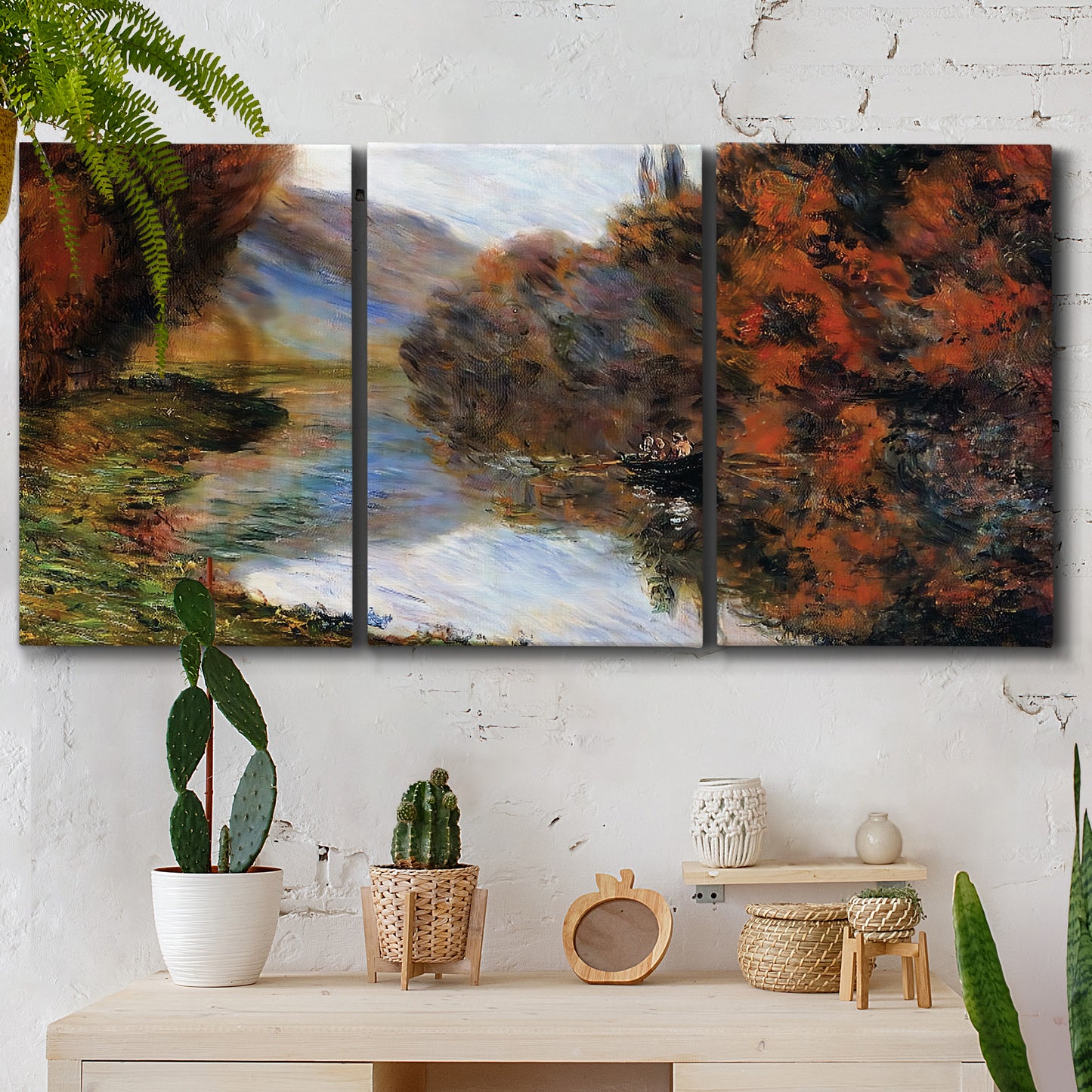 Three-panel canvas wall art featuring rowboat on quiet river bend, displayed in a boho-chic entryway above a console table.