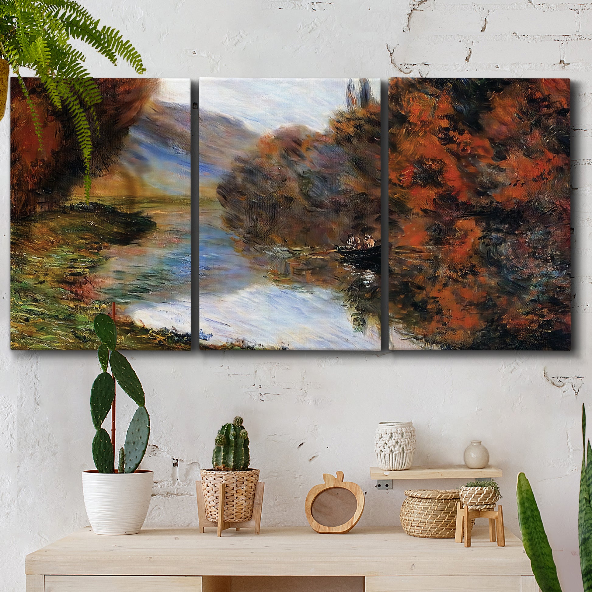 Three-panel canvas wall art featuring rowboat on quiet river bend, displayed in a boho-chic entryway above a console table.
