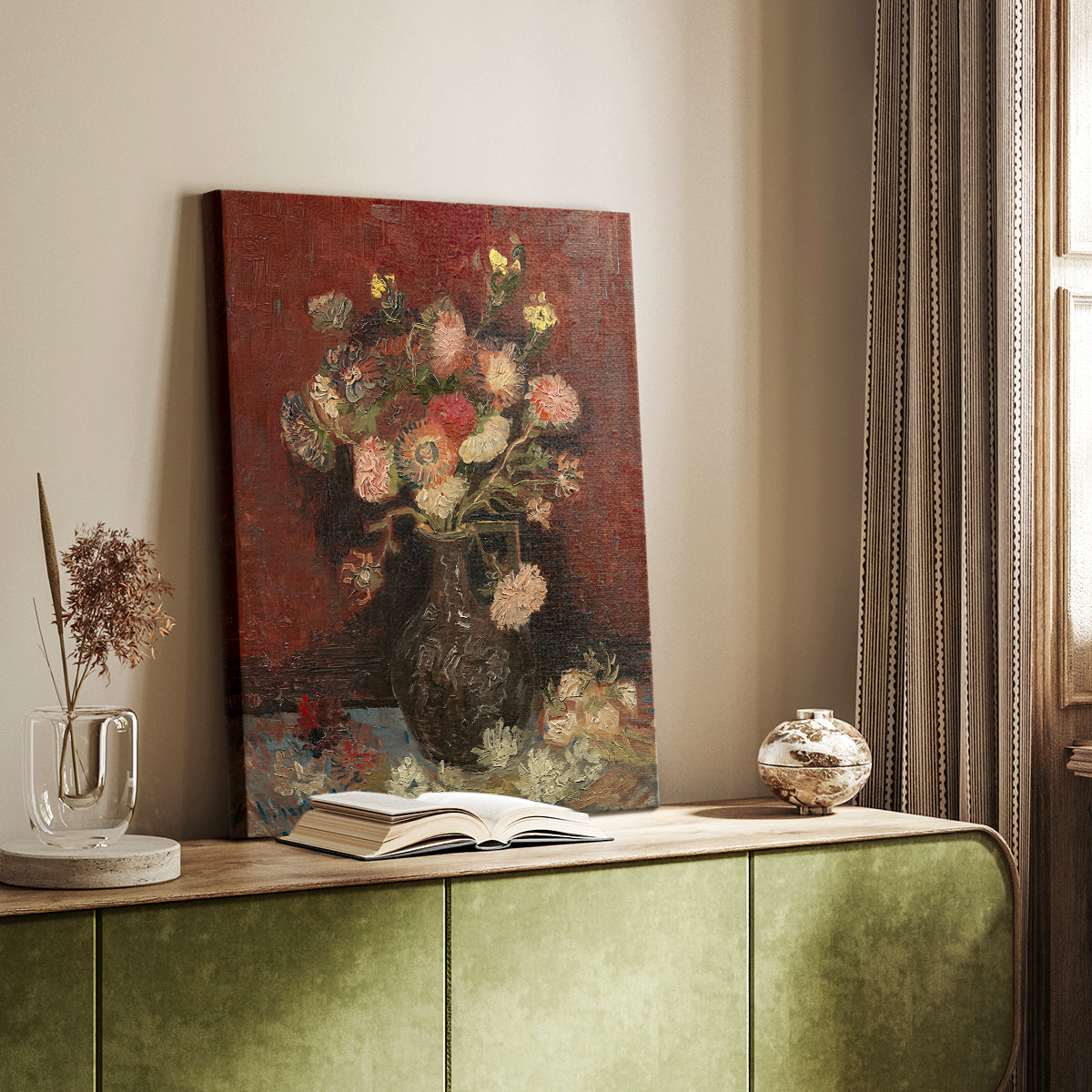 Canvas art print of a vibrant floral arrangement with layered blooms and strong strokes styled in a home decor setting.