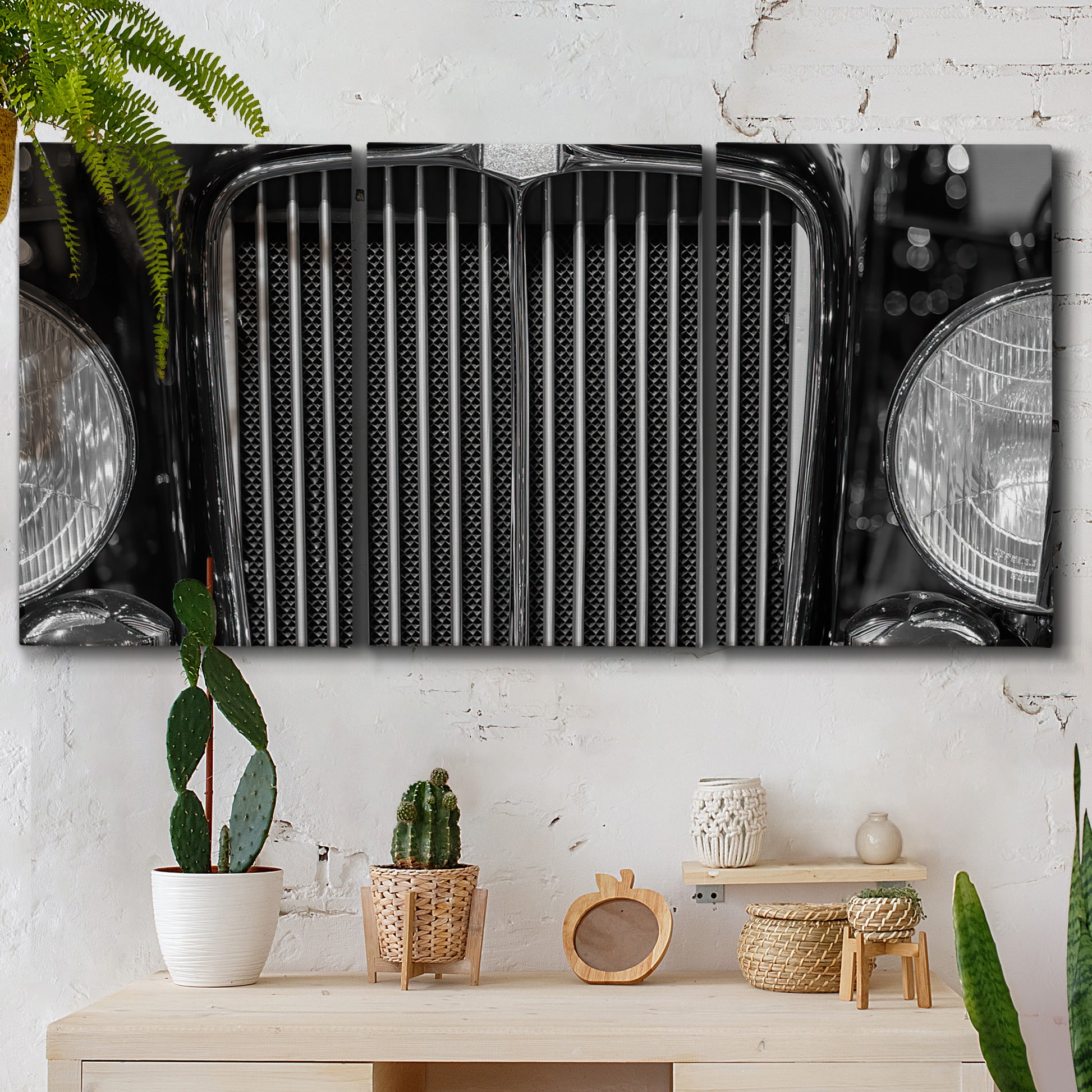 Three-panel canvas wall art featuring vintage car grille detail, displayed in a boho-chic entryway above a console table.