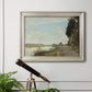 Impressionist river scene with red boats by Claude Monet in an ornate champagne frame displayed in a light-toned interior setting.