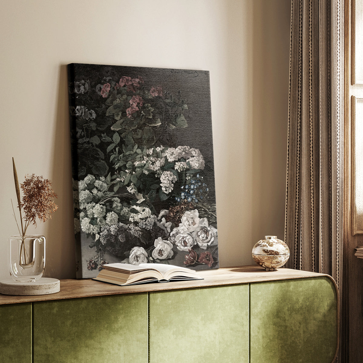 Canvas art print of a floral composition with soft color and airy brushwork styled in a home decor setting.