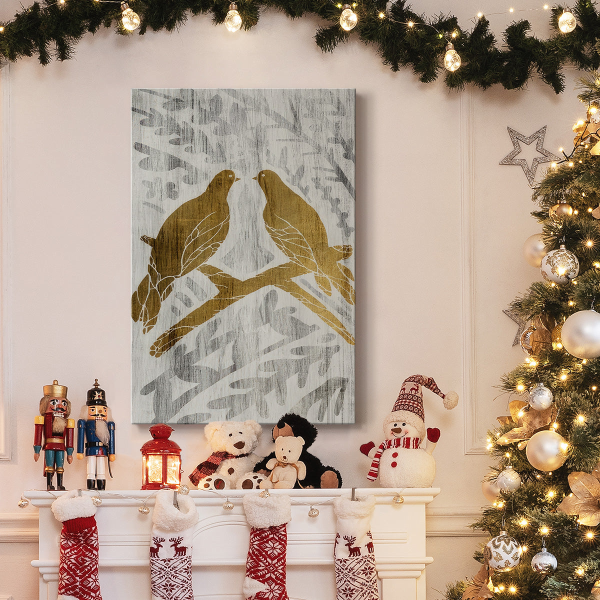 Two Turtle Doves  - Gold Leaf Holiday - Gallery Wrapped Canvas