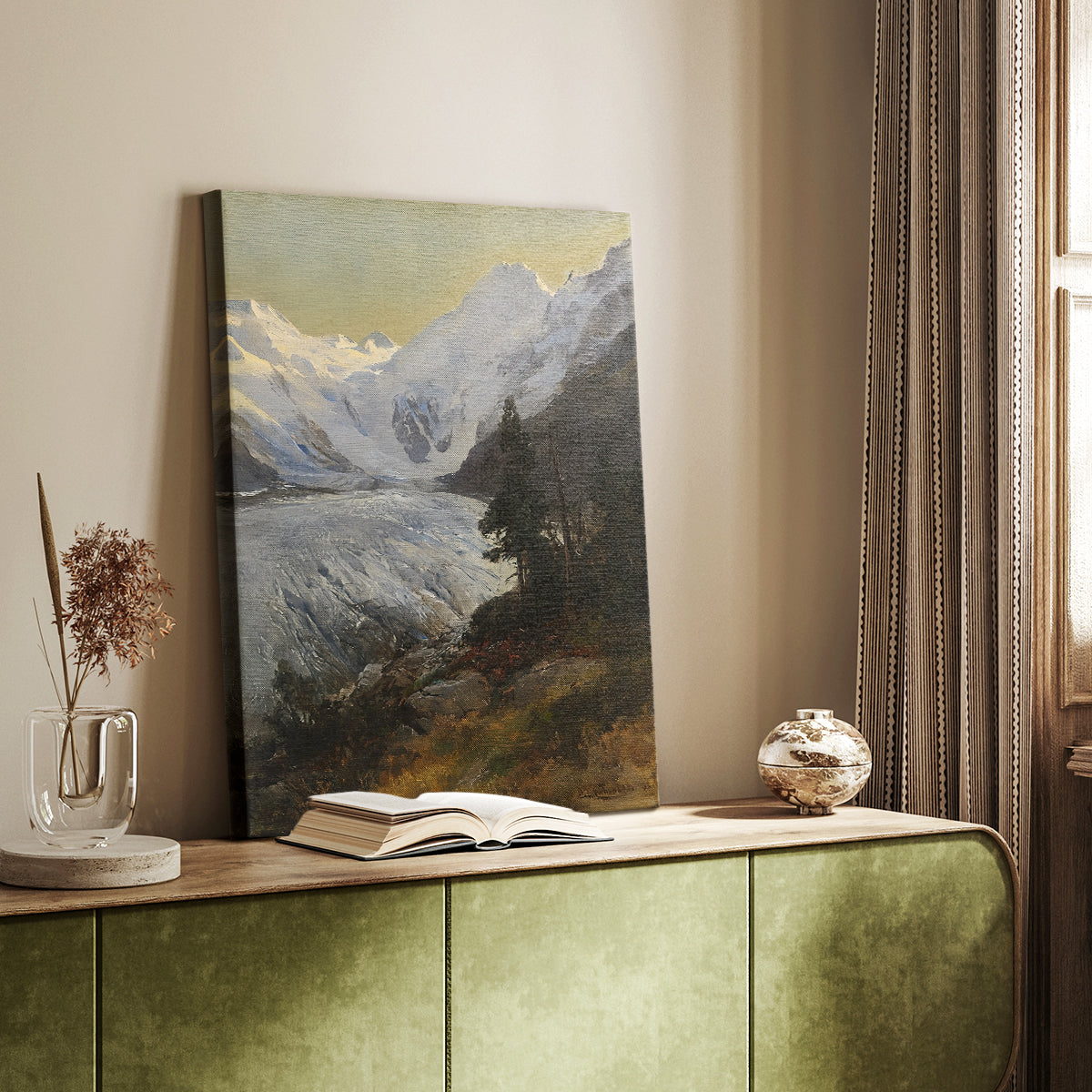 Canvas art print of a rugged alpine scene with snow-covered terrain and depth styled in a home decor setting.