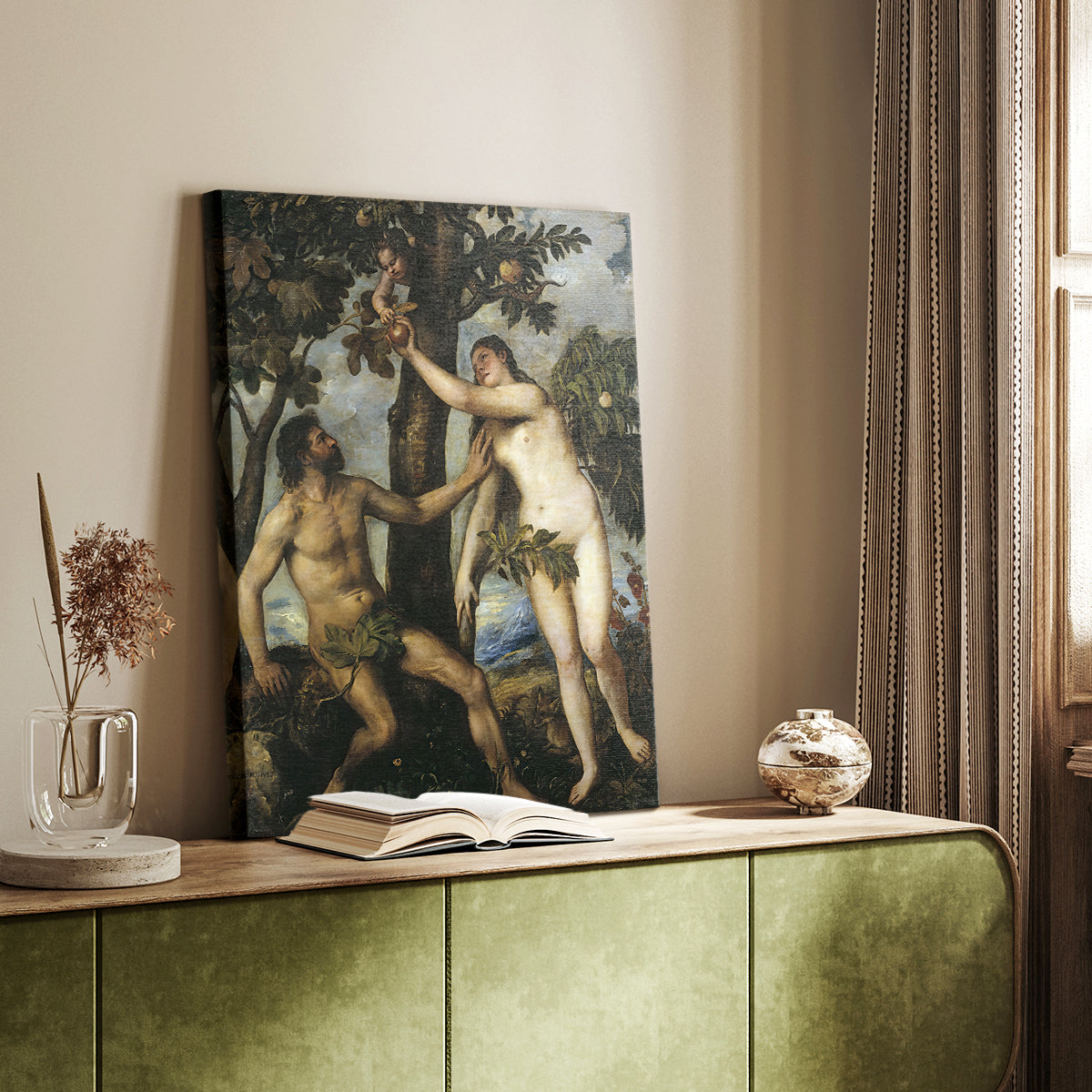 Canvas art print of a biblical composition with figures and subtle landscape styled in a home decor setting.