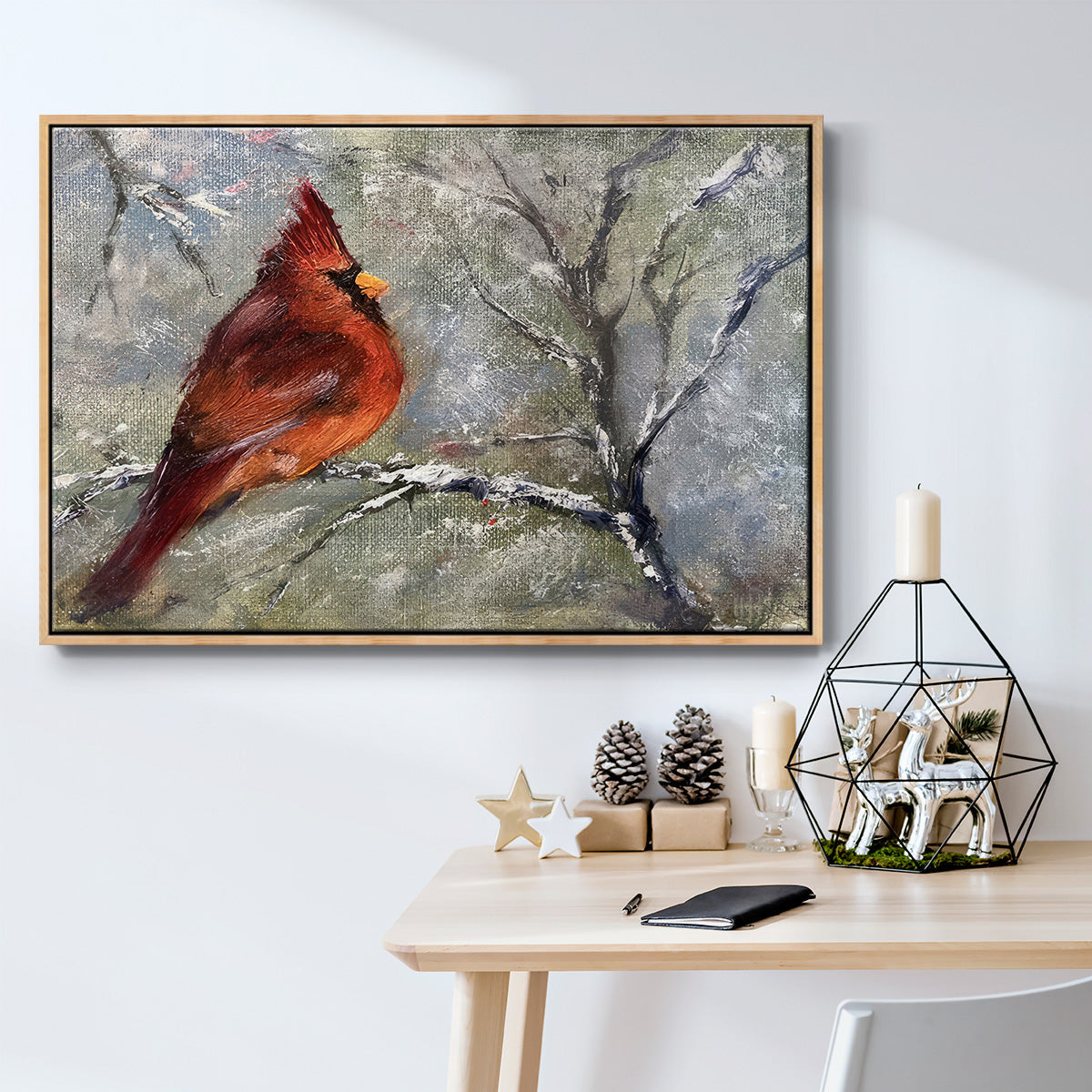 Cardinal in Snow II - Framed Gallery Wrapped Canvas in Floating Frame