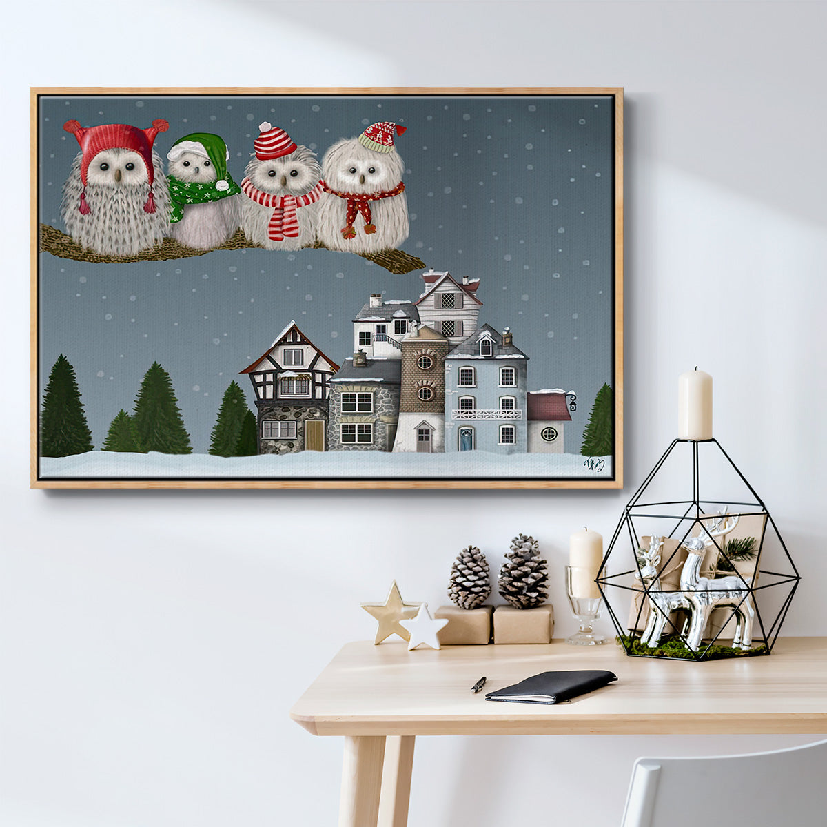 Christmas Christmas Owl Village - Framed Gallery Wrapped Canvas in Floating Frame