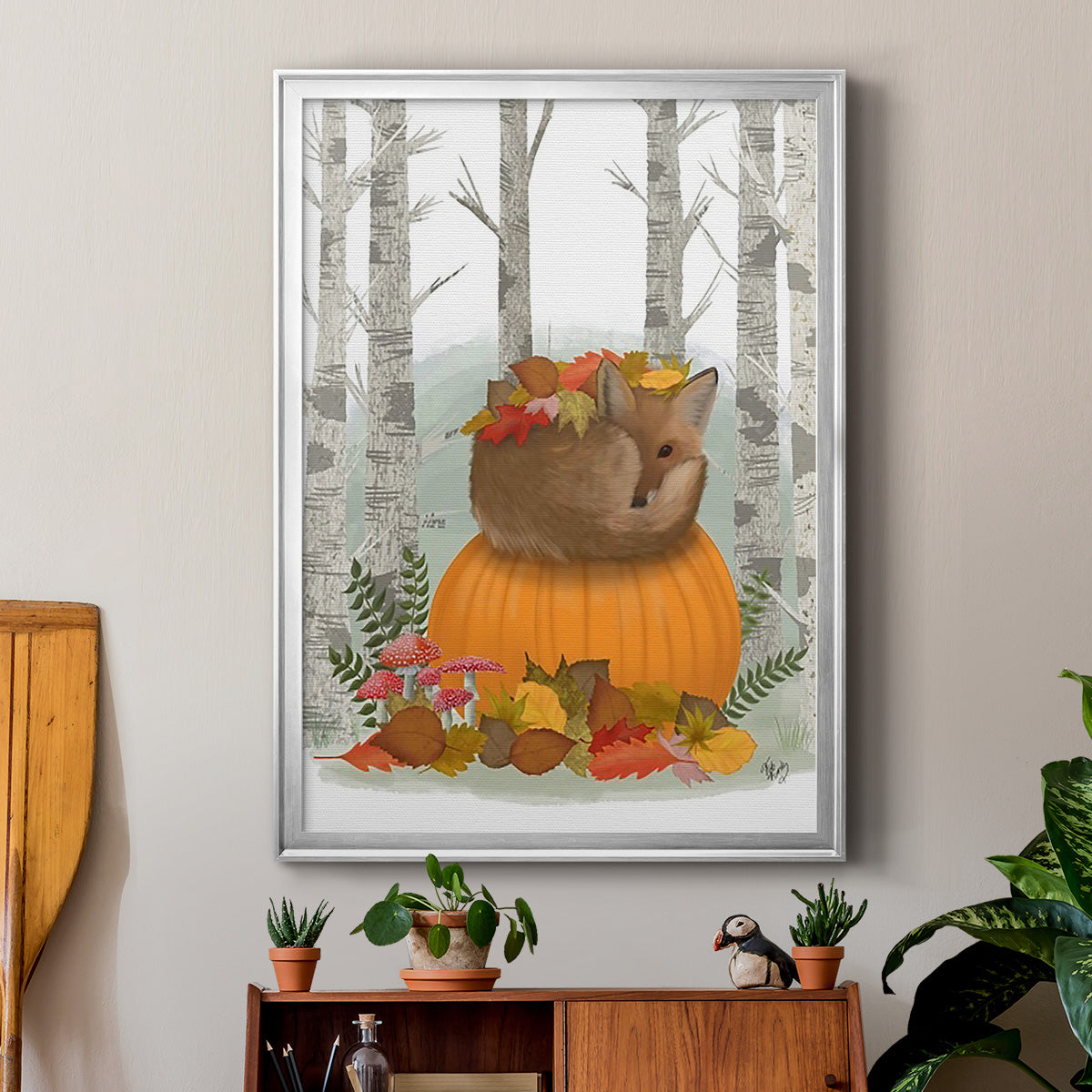 Fox Curled on Pumpkin - Modern Framed Canvas Print