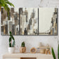 Three-panel canvas wall art featuring abstract harbor inspired composition, displayed in a boho-chic entryway above a console table.