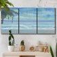 Three-panel canvas wall art featuring rolling ocean surf along shoreline, displayed in a boho-chic entryway above a console table.