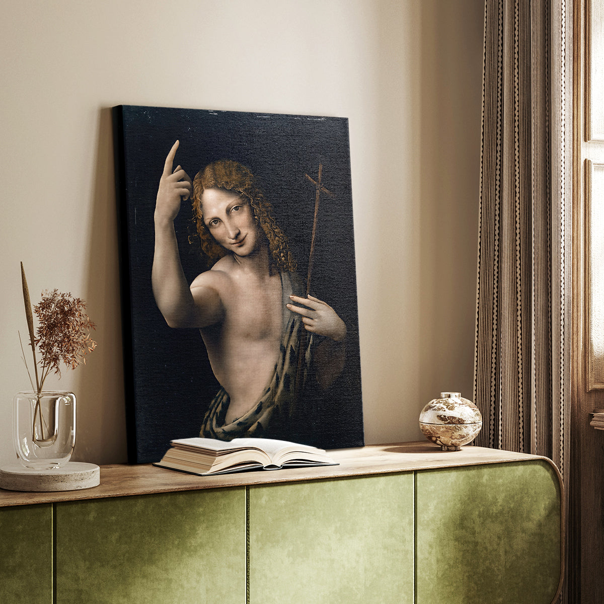 Canvas art print of a dramatic figure with gentle highlights and dark background styled in a home decor setting.