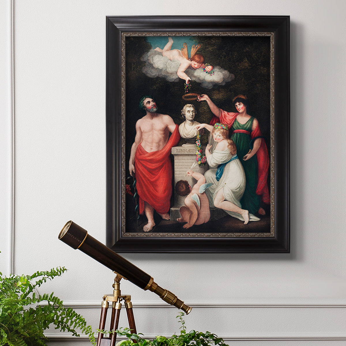 Classical allegorical painting honoring Linnaeus by Robert John Thornton in an ornate black frame with gilded inner detail displayed in a light-toned interior setting.
