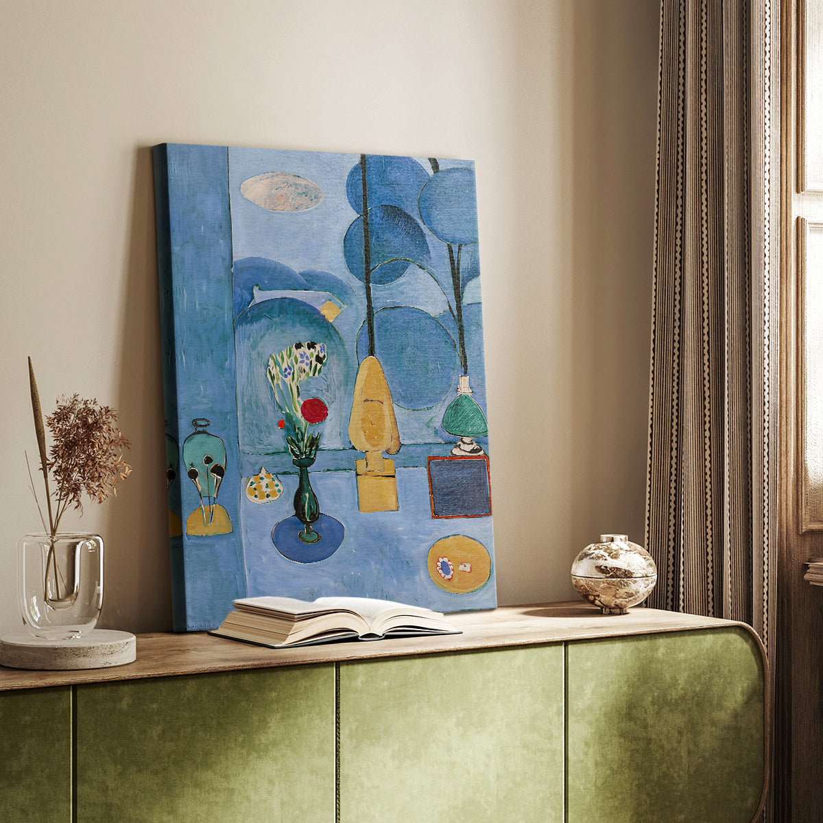 Canvas art print of a bright composition with plants and an open window view styled in a home decor setting.