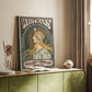 Canvas art print of a vintage advertisement featuring a stylized female figure and branding styled in a home decor setting.