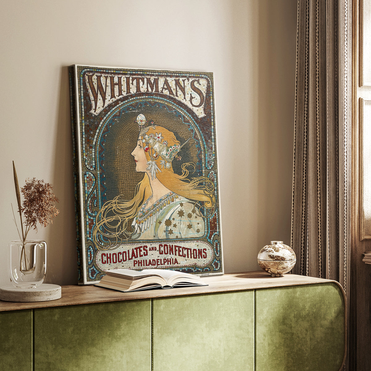 Canvas art print of a vintage advertisement featuring a stylized female figure and branding styled in a home decor setting.