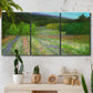 Three-panel canvas wall art featuring fresh spring meadow landscape, displayed in a boho-chic entryway above a console table.