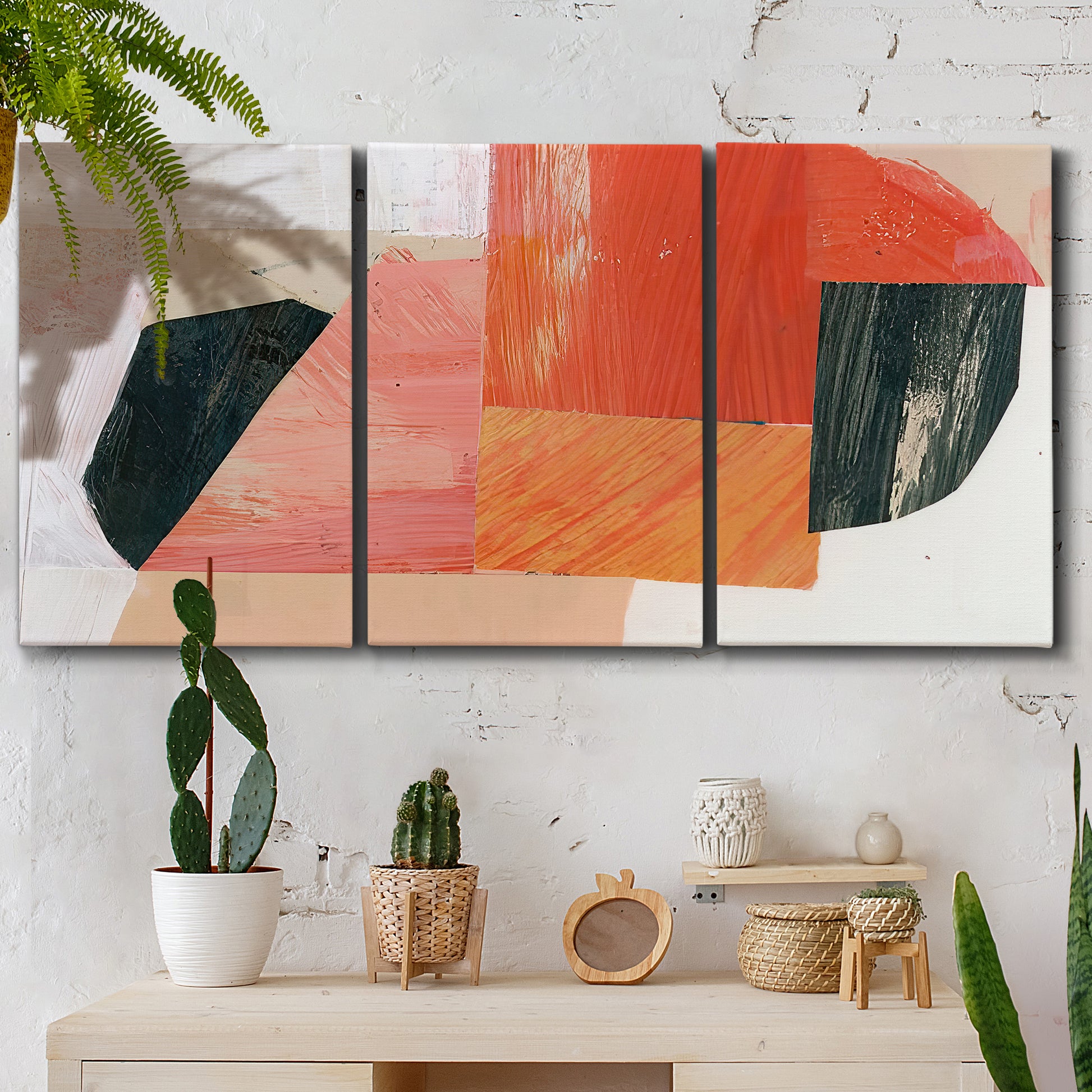Three-panel canvas wall art featuring bold pink mid century abstract portal, displayed in a boho-chic entryway above a console table.