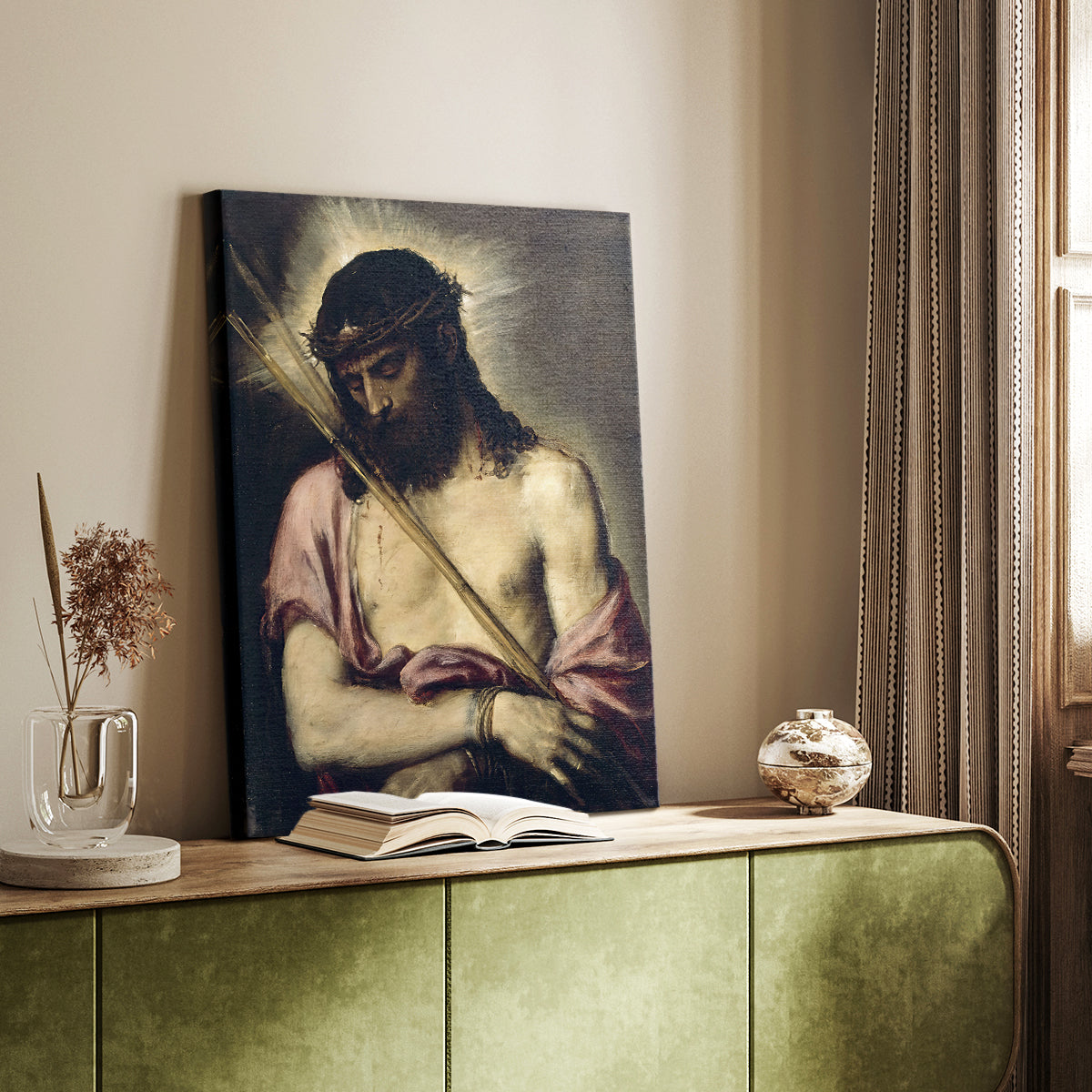 Canvas art print of a spiritual figure with gentle tones and dark background styled in a home decor setting.