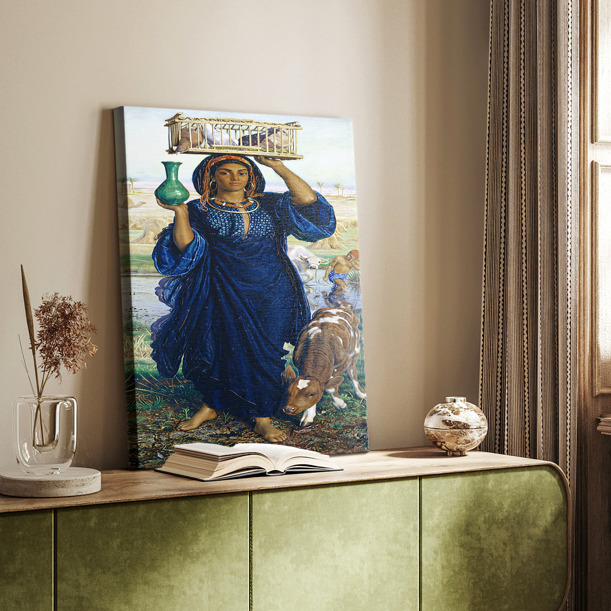 Canvas art print of a narrative composition with warm tones and distant horizon styled in a home decor setting.