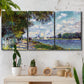 Three-panel canvas wall art featuring river landscape with boats, displayed in a boho-chic entryway above a console table.