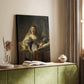 Canvas art print of a quiet interior with figure and books in warm tones styled in a home decor setting.