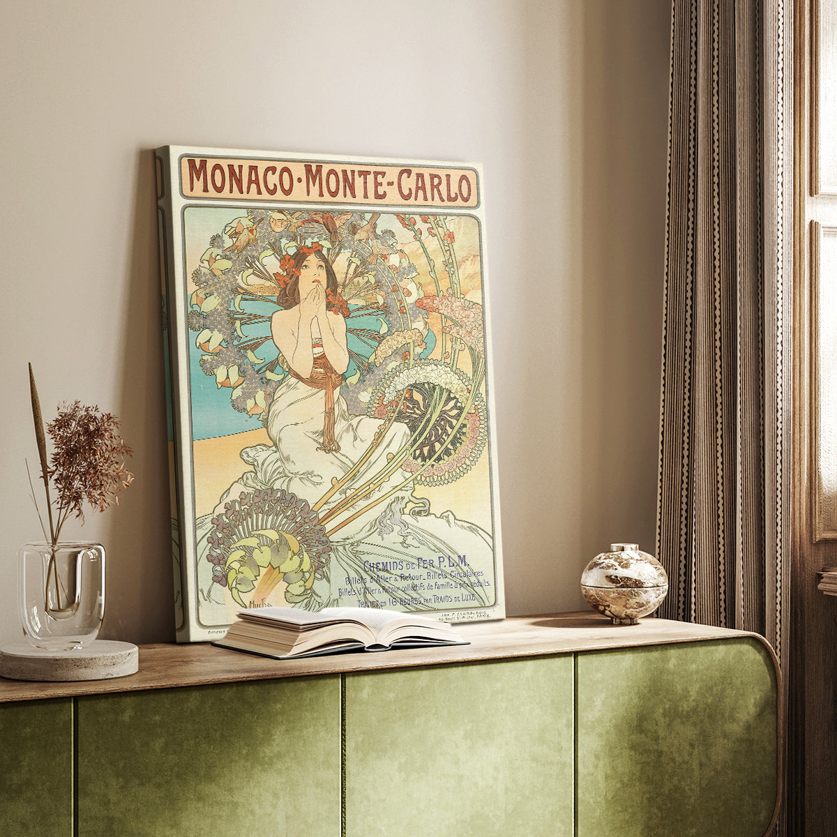 Canvas art print of a vintage poster featuring a woman promoting Monaco with elegant design styled in a home decor setting.